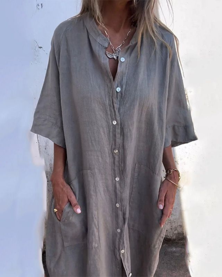Women's Long Sleeve Midi Dress with Button Front