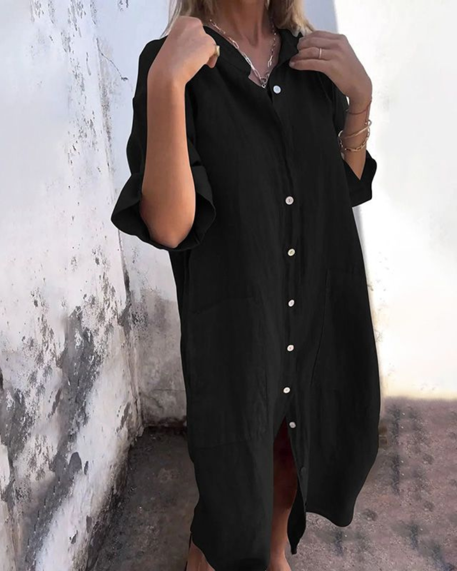 Women's Long Sleeve Midi Dress with Button Front