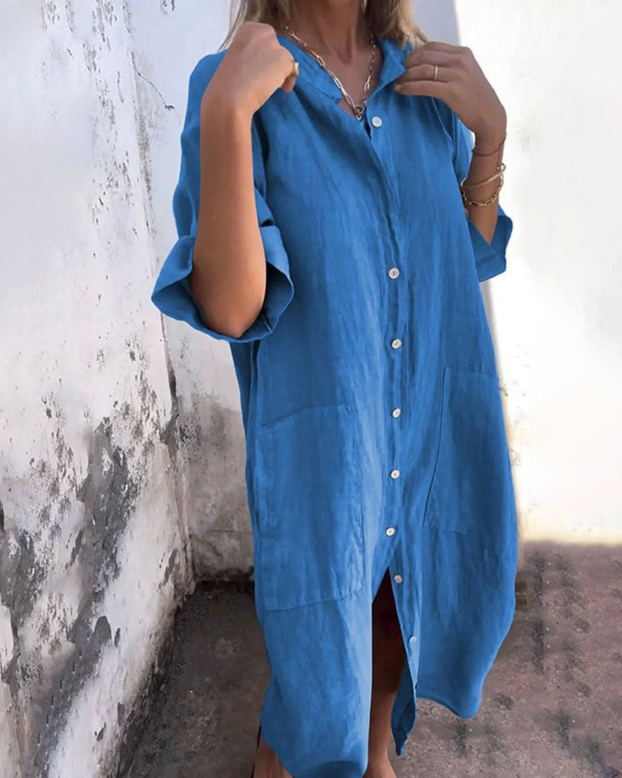 Women's Long Sleeve Midi Dress with Button Front