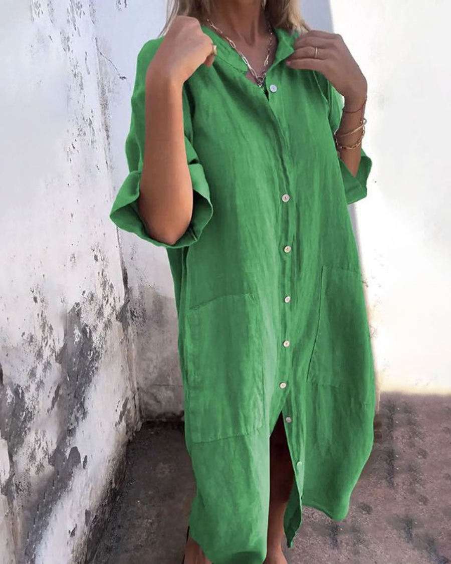 Women's Long Sleeve Midi Dress with Button Front