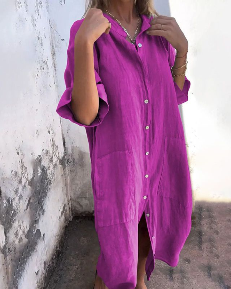 Women's Long Sleeve Midi Dress with Button Front