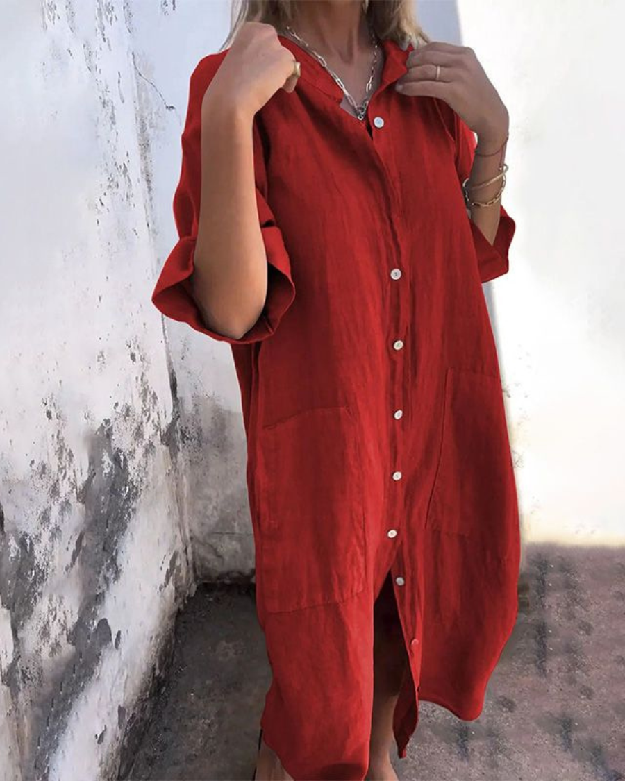 Women's Long Sleeve Midi Dress with Button Front