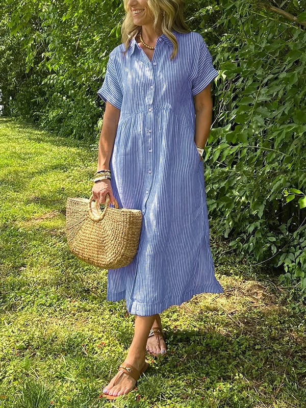Women's Vertical Stripe Buttoned Front Casual Midi Dress