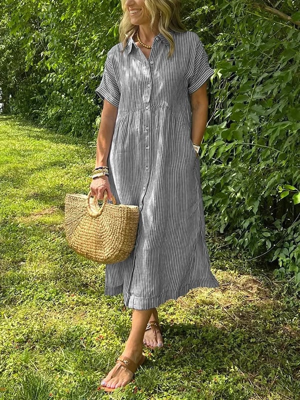 Women's Vertical Stripe Buttoned Front Casual Midi Dress