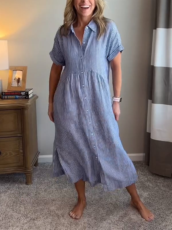 Women's Vertical Stripe Buttoned Front Casual Midi Dress