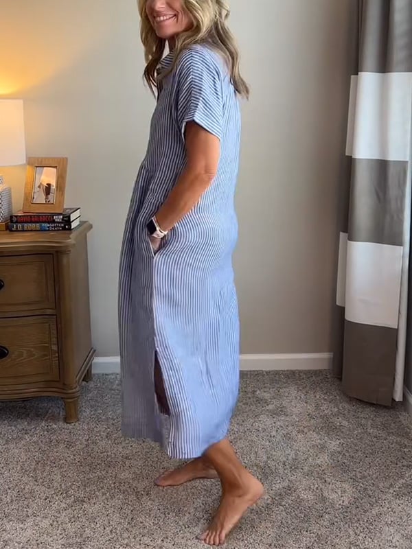 Women's Vertical Stripe Buttoned Front Casual Midi Dress