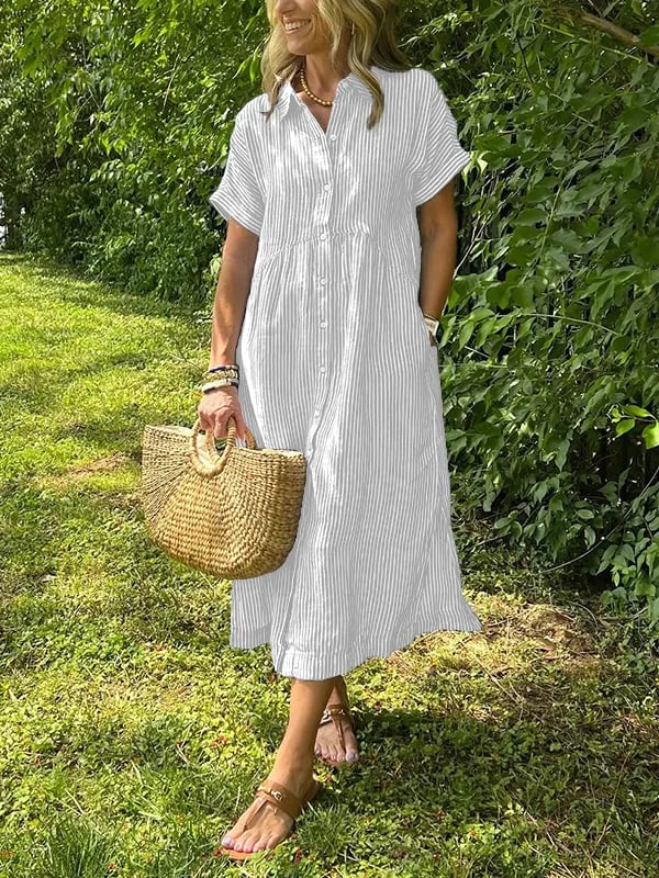 Women's Vertical Stripe Buttoned Front Casual Midi Dress