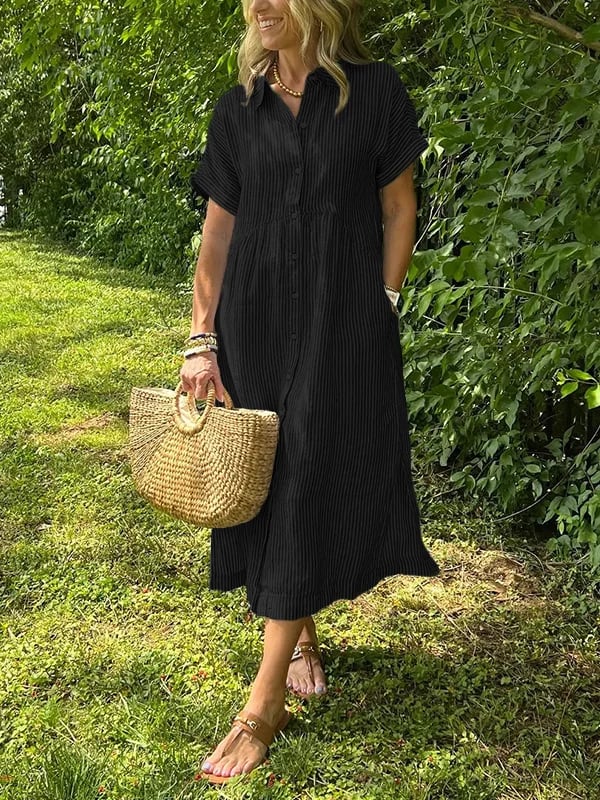 Women's Vertical Stripe Buttoned Front Casual Midi Dress