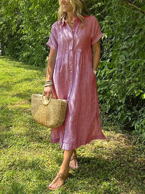 Women's Vertical Stripe Buttoned Front Casual Midi Dress