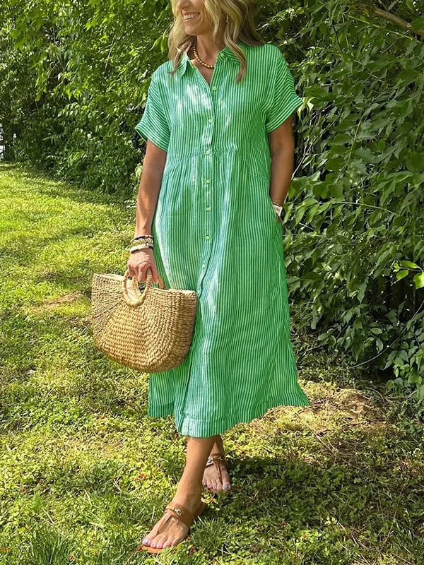 Women's Vertical Stripe Buttoned Front Casual Midi Dress
