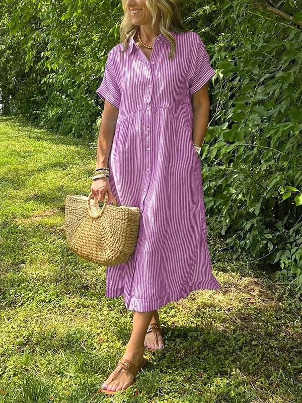 Women's Vertical Stripe Buttoned Front Casual Midi Dress