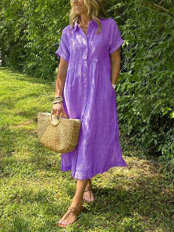 Women's Vertical Stripe Buttoned Front Casual Midi Dress