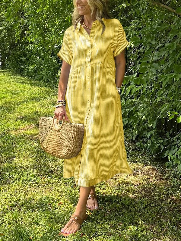 Women's Vertical Stripe Buttoned Front Casual Midi Dress