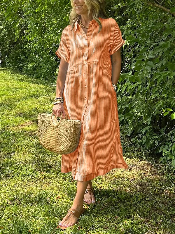 Women's Vertical Stripe Buttoned Front Casual Midi Dress