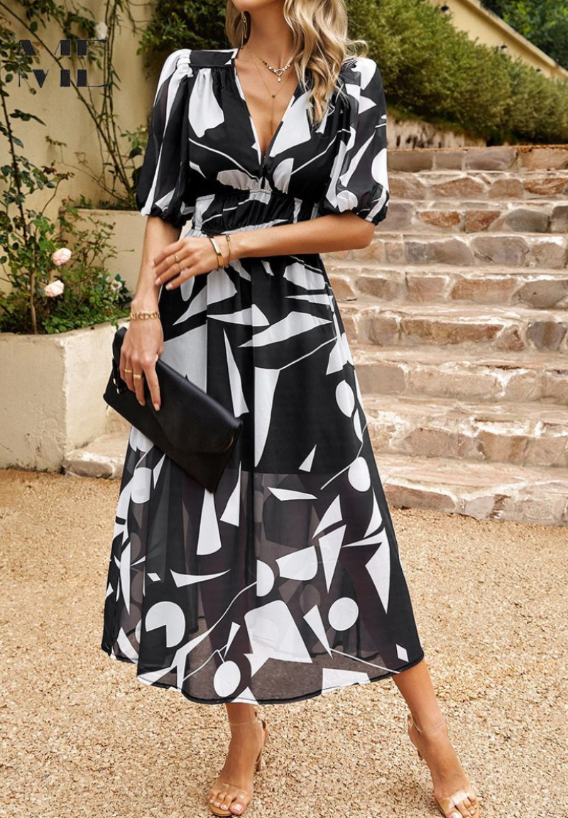 Women's Floral Print V-Neck Summer Midi Dress