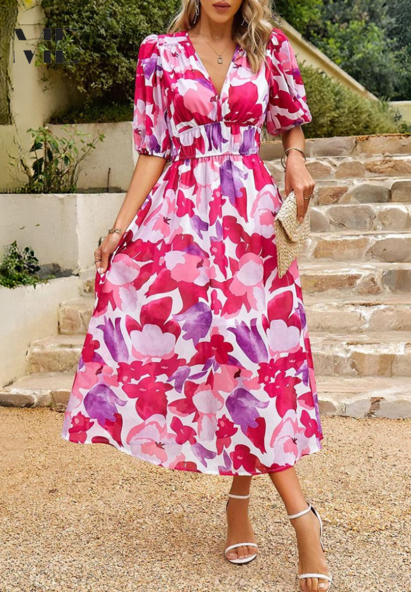 Women's Floral Print V-Neck Summer Midi Dress