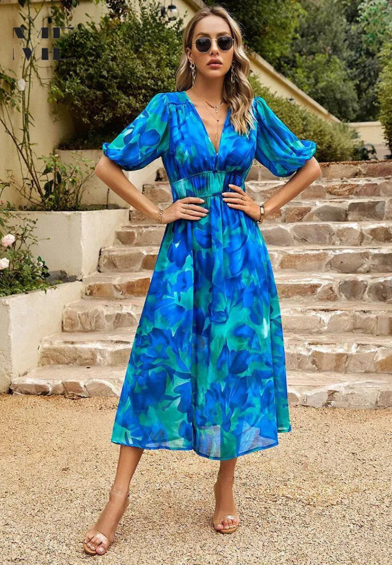 Women's Floral Print V-Neck Summer Midi Dress