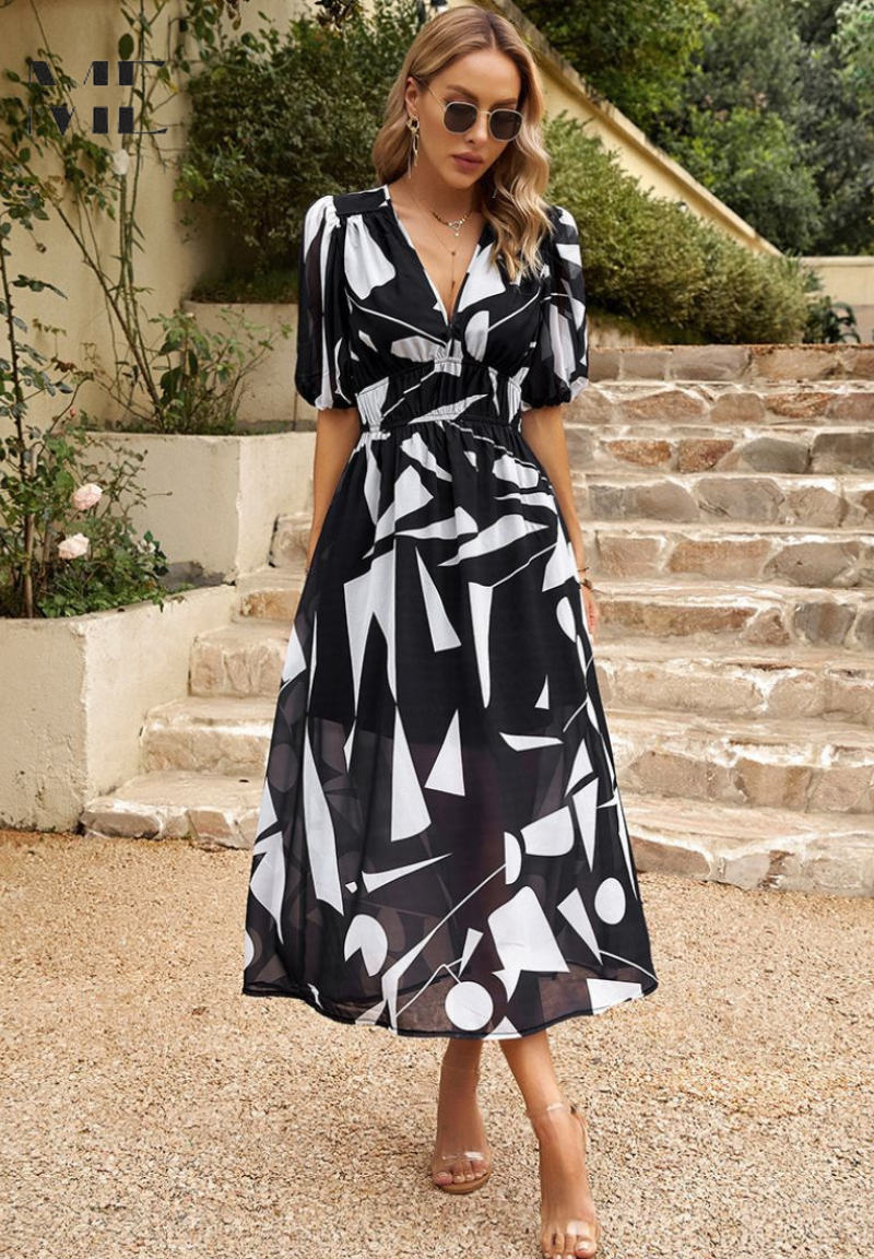 Women's Floral Print V-Neck Summer Midi Dress