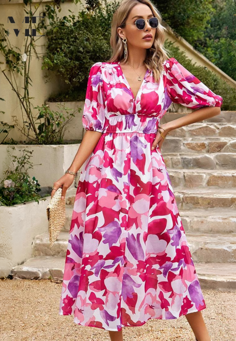 Women's Floral Print V-Neck Summer Midi Dress