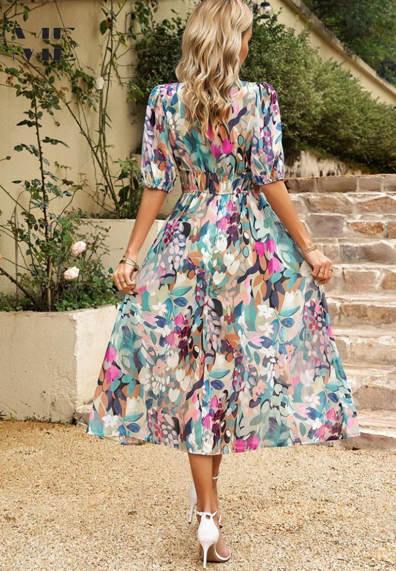Women's Floral Print V-Neck Summer Midi Dress