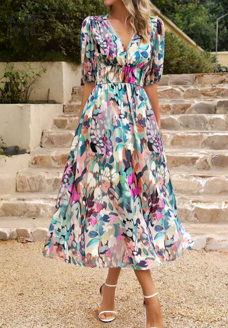 Women's Floral Print V-Neck Summer Midi Dress