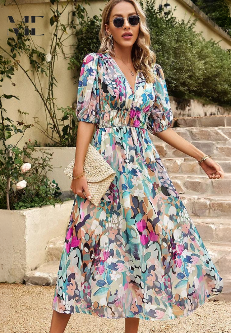 Women's Floral Print V-Neck Summer Midi Dress
