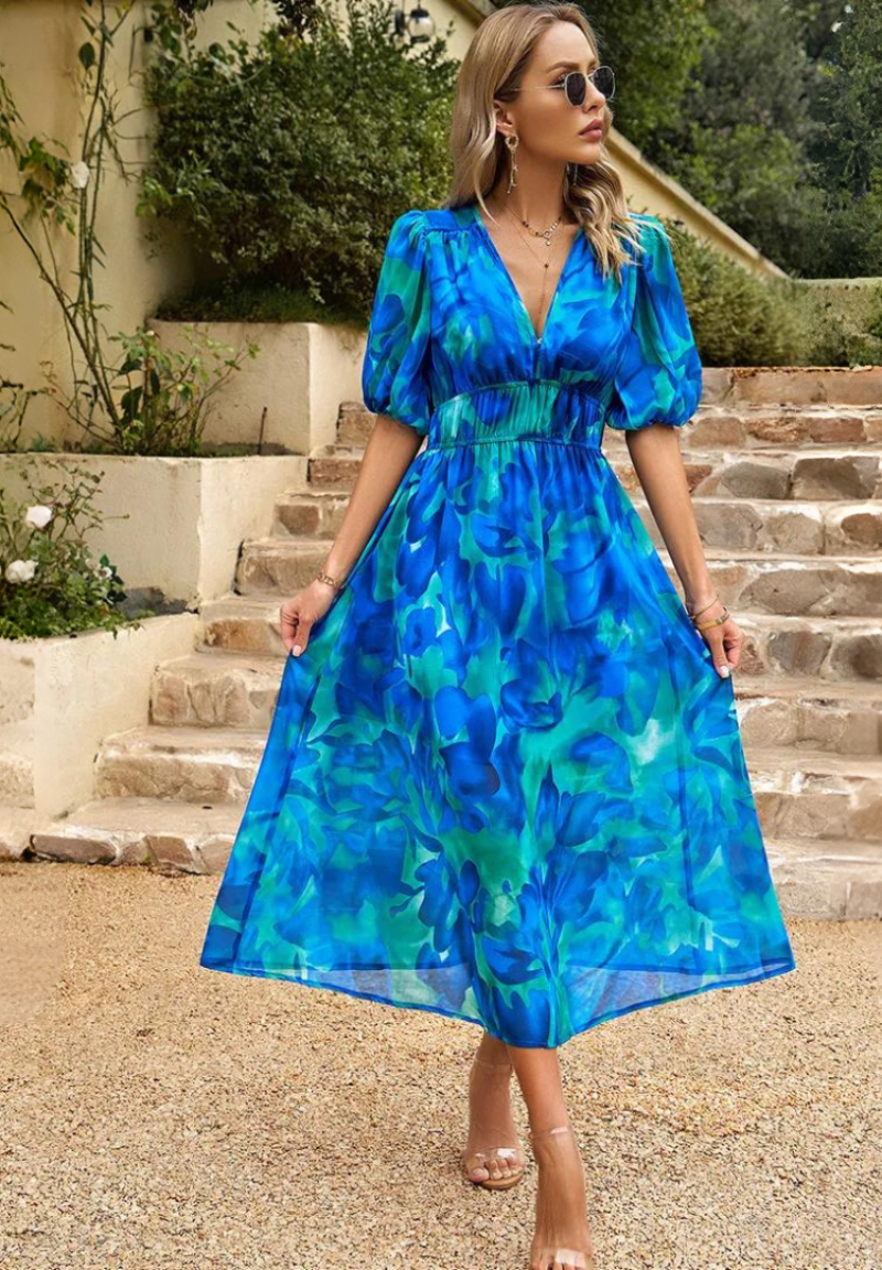 Women's Floral Print V-Neck Summer Midi Dress