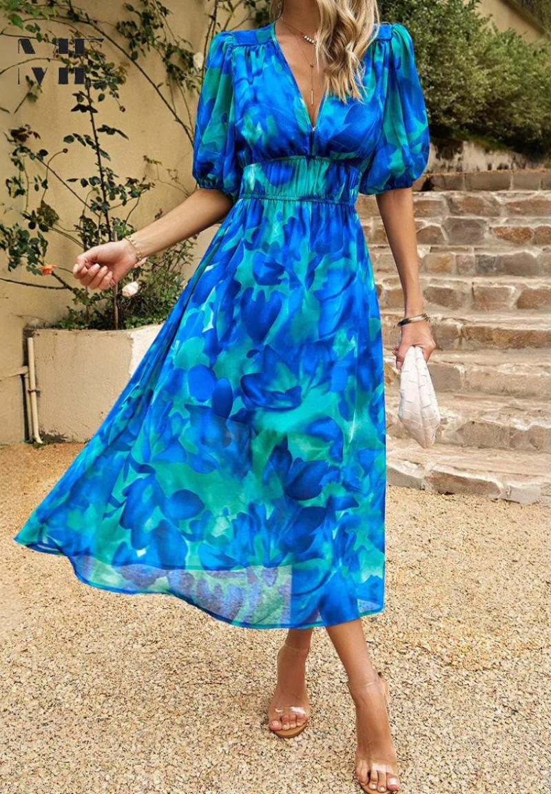 Women's Floral Print V-Neck Summer Midi Dress