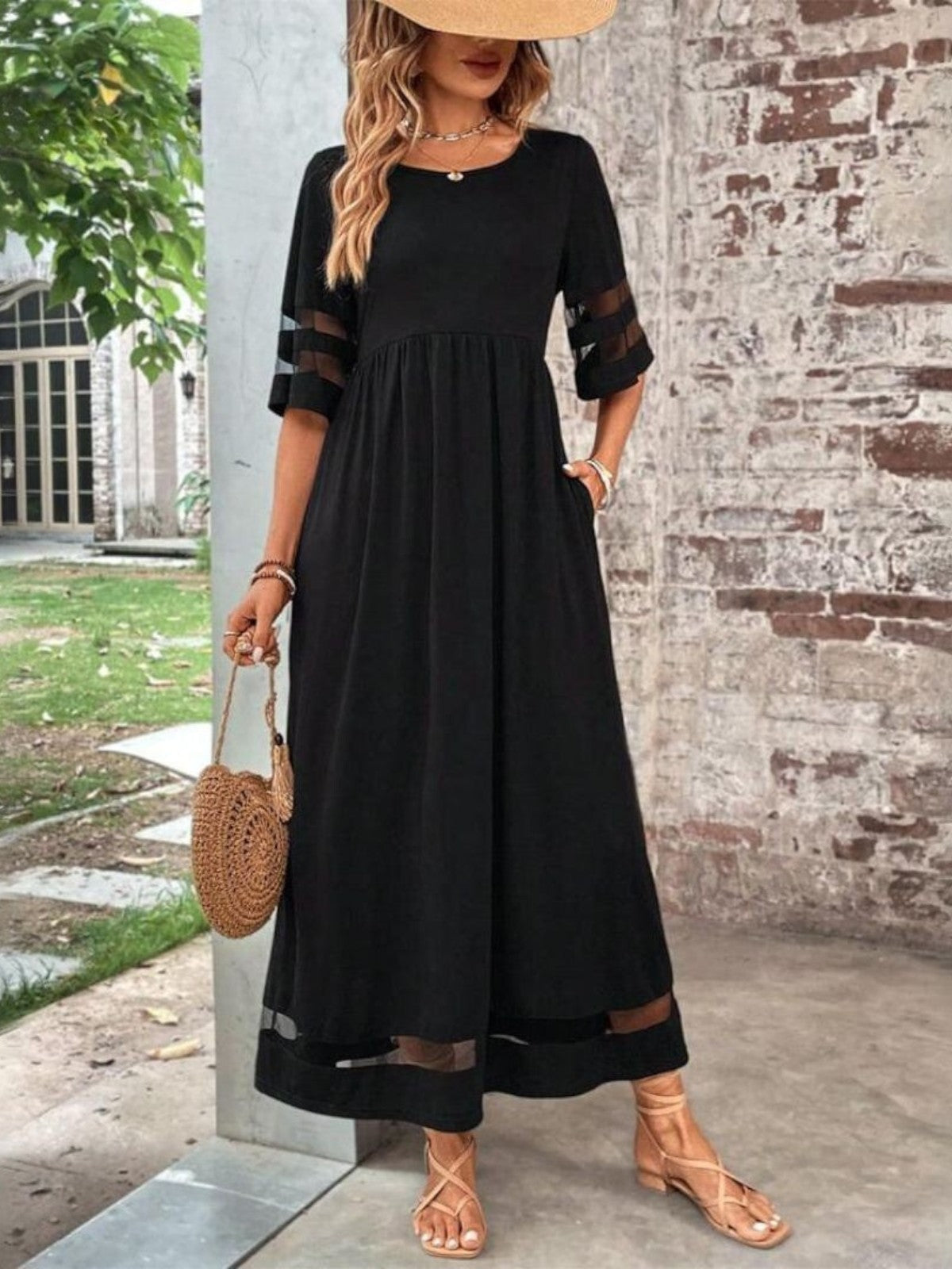 Women's Elegant Sheer Paneled Evening Maxi Dress