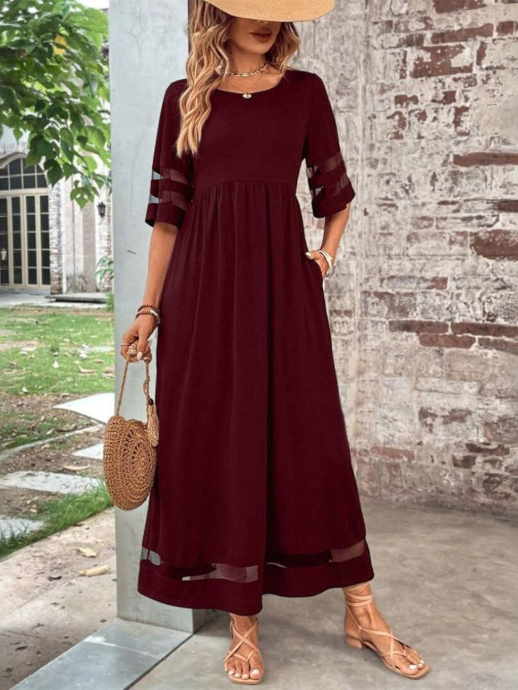 Women's Elegant Sheer Paneled Evening Maxi Dress