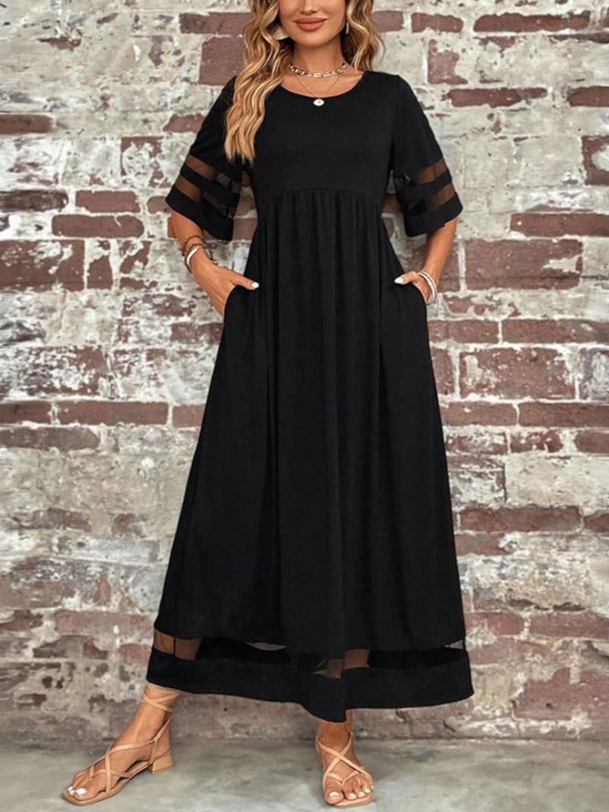 Women's Elegant Sheer Paneled Evening Maxi Dress