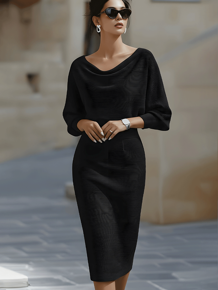 Women's Bodycon Evening Midi Dress with Batwing Sleeves