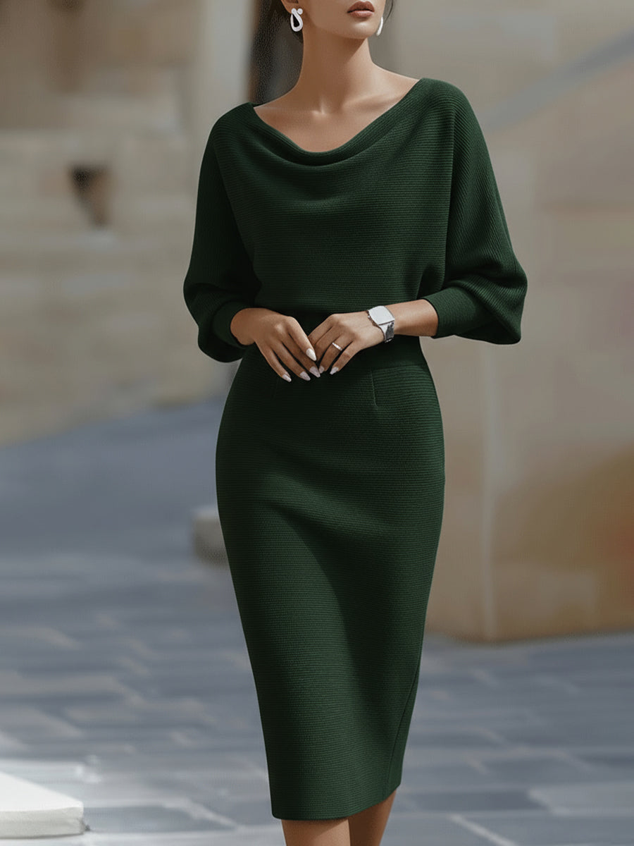 Women's Bodycon Evening Midi Dress with Batwing Sleeves