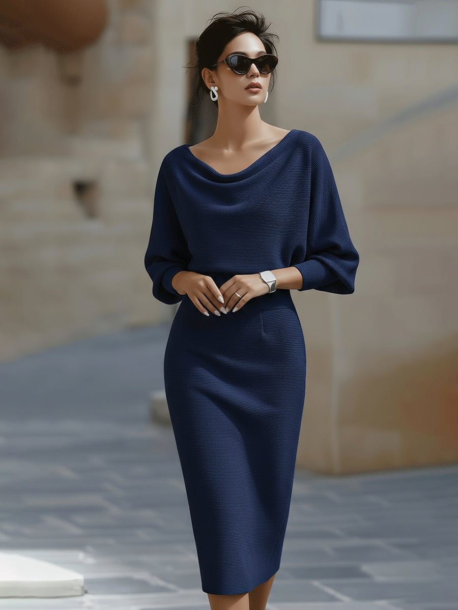 Women's Bodycon Evening Midi Dress with Batwing Sleeves