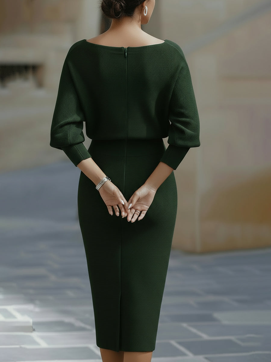 Women's Bodycon Evening Midi Dress with Batwing Sleeves