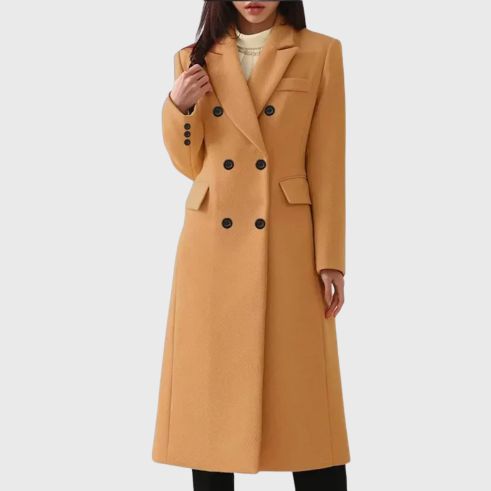 Women's Tailored Long Wool Overcoat with Double-Breasted Front