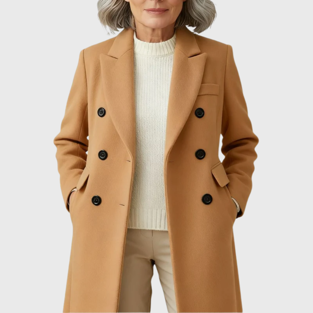 Women's Tailored Long Wool Overcoat with Double-Breasted Front