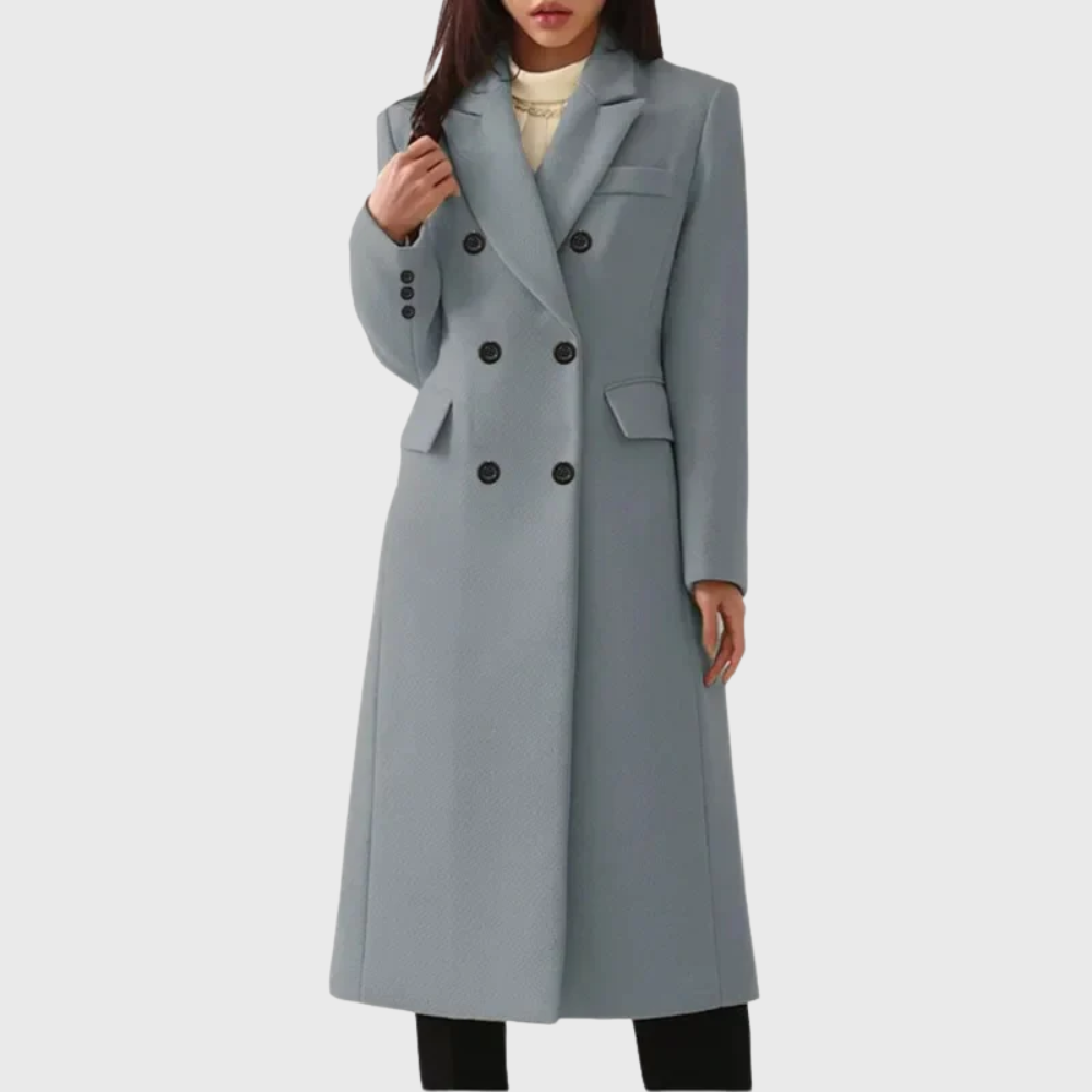Women's Tailored Long Wool Overcoat with Double-Breasted Front
