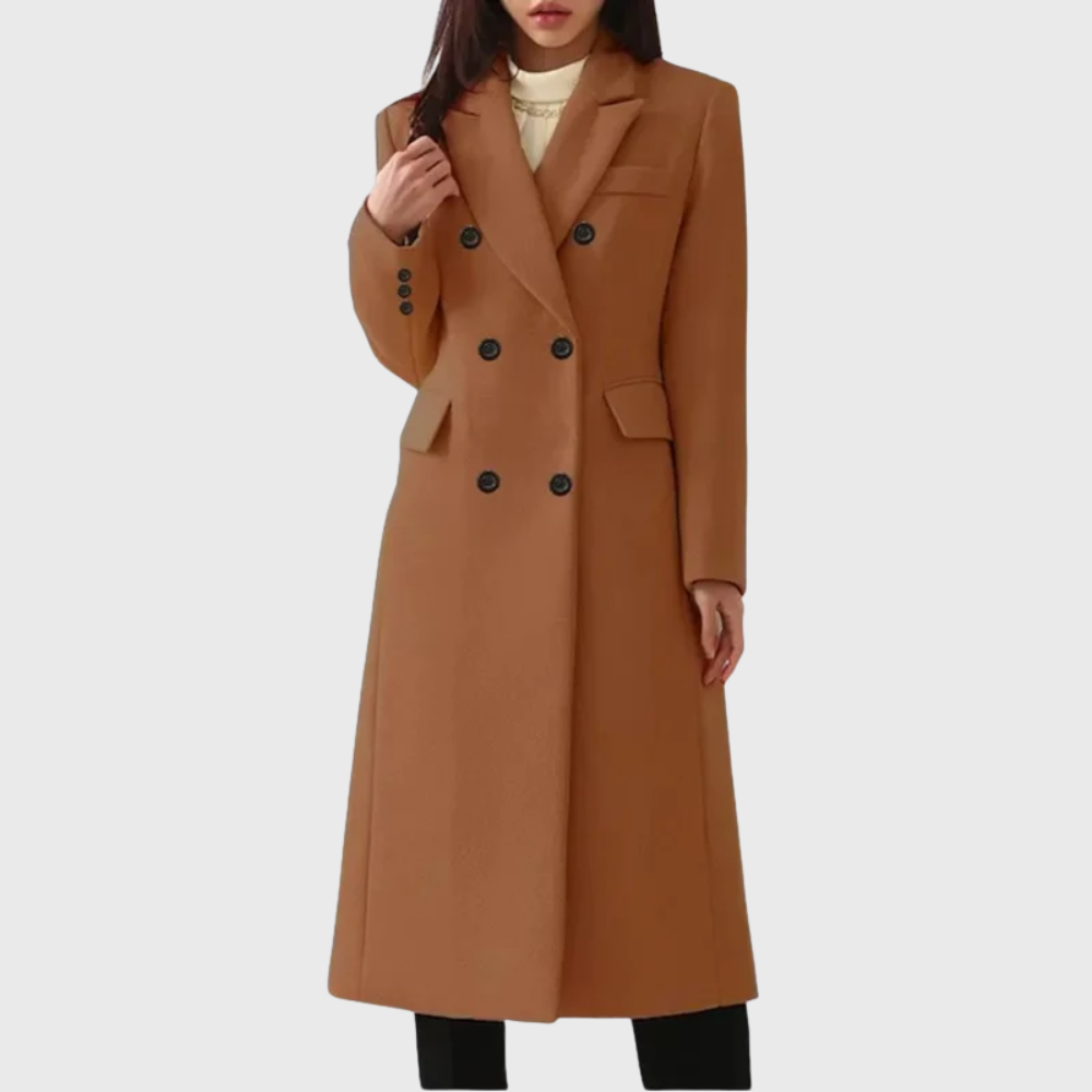 Women's Tailored Long Wool Overcoat with Double-Breasted Front