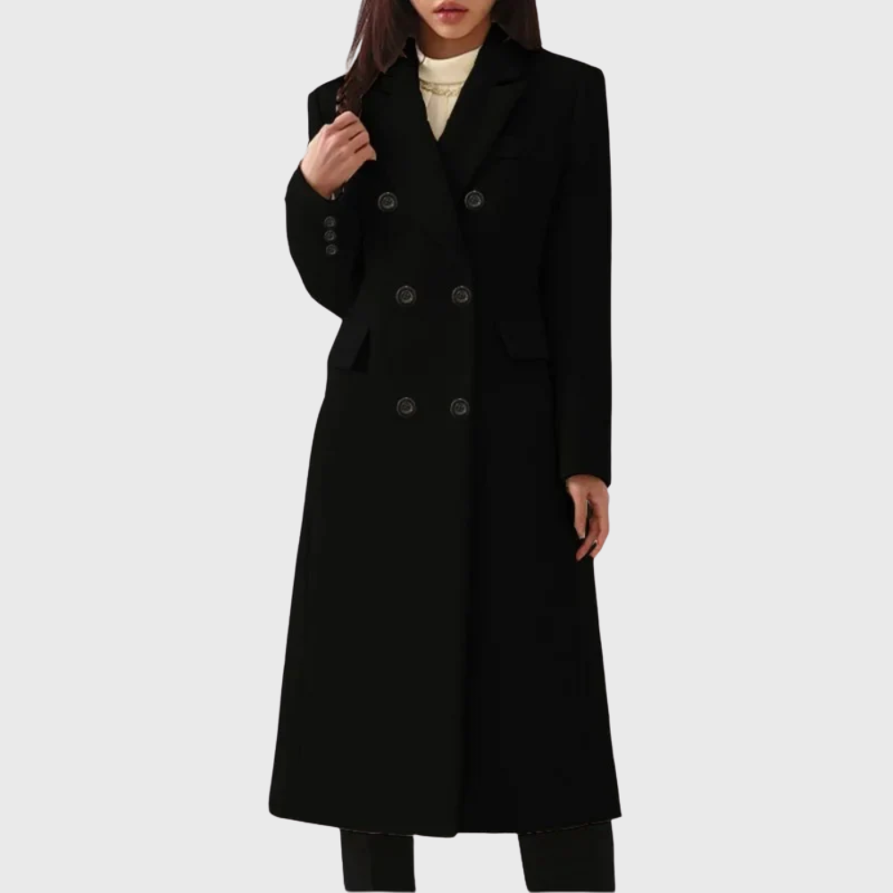 Women's Tailored Long Wool Overcoat with Double-Breasted Front
