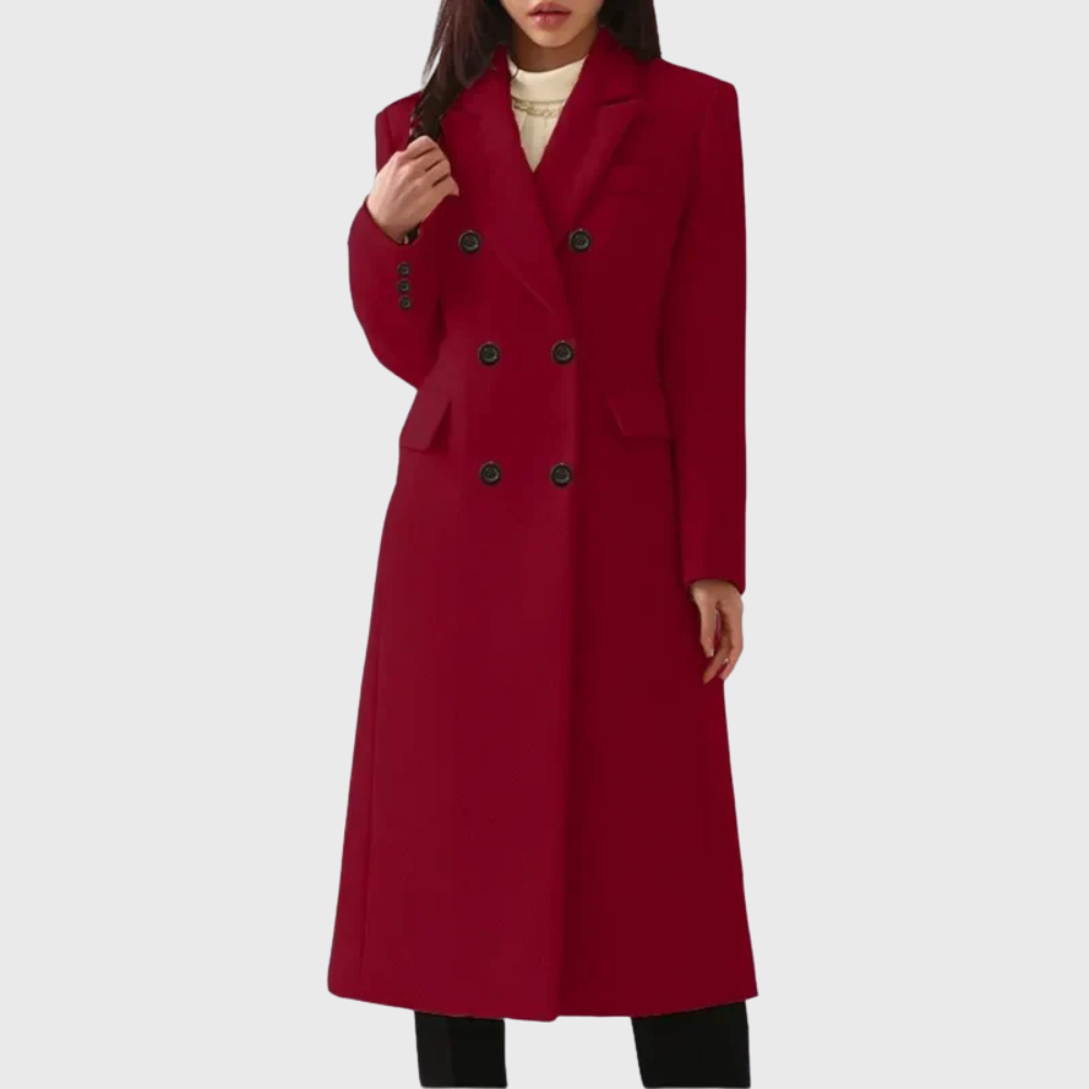 Women's Tailored Long Wool Overcoat with Double-Breasted Front