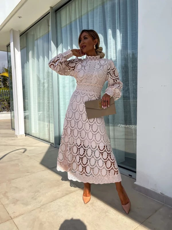 Women's Cutwork Lace Mock Neck Cocktail Midi Dress