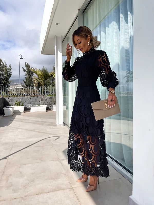 Women's Cutwork Lace Mock Neck Cocktail Midi Dress