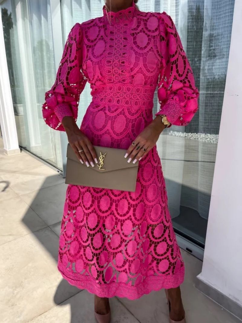 Women's Cutwork Lace Mock Neck Cocktail Midi Dress