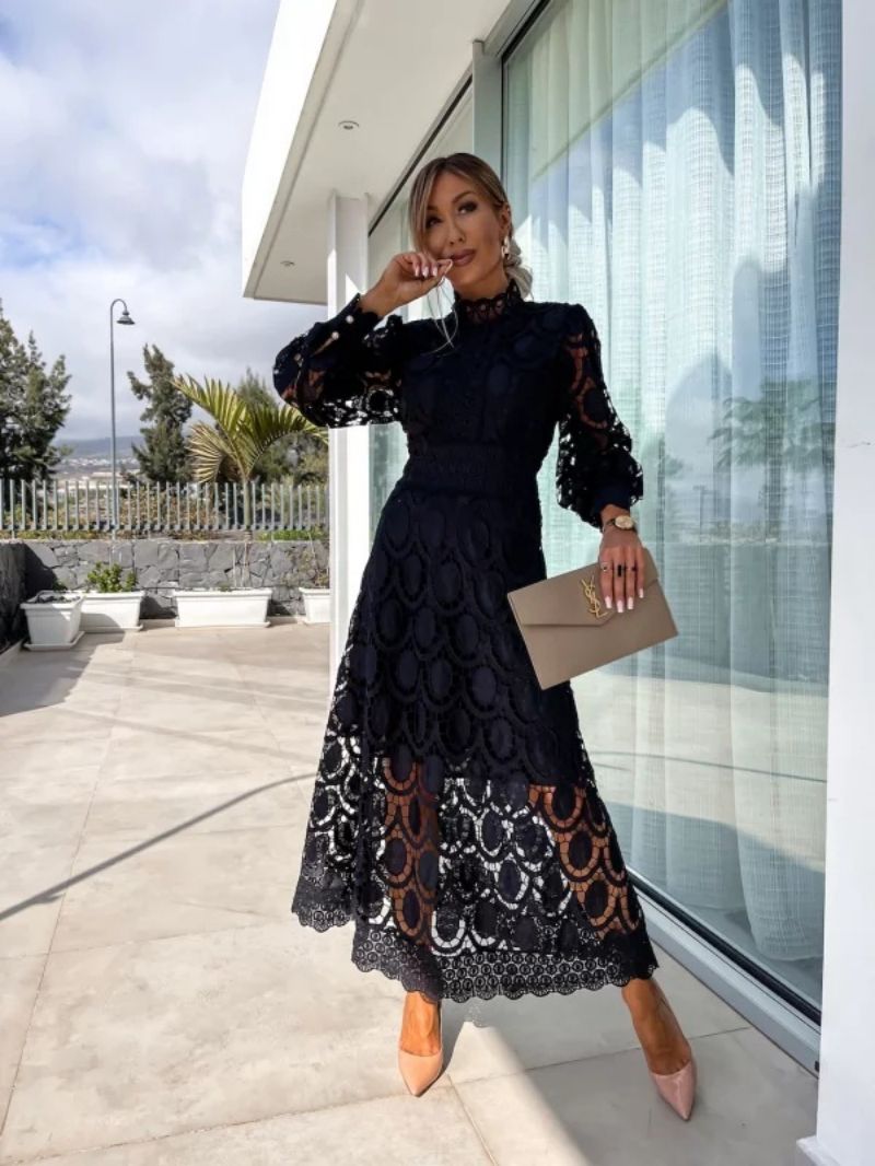 Women's Cutwork Lace Mock Neck Cocktail Midi Dress