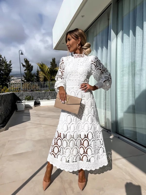 Women's Cutwork Lace Mock Neck Cocktail Midi Dress