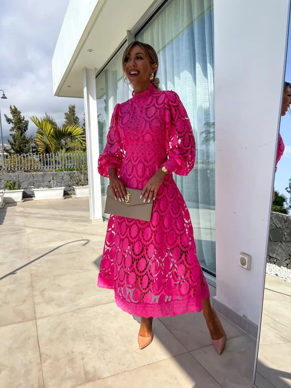 Women's Cutwork Lace Mock Neck Cocktail Midi Dress