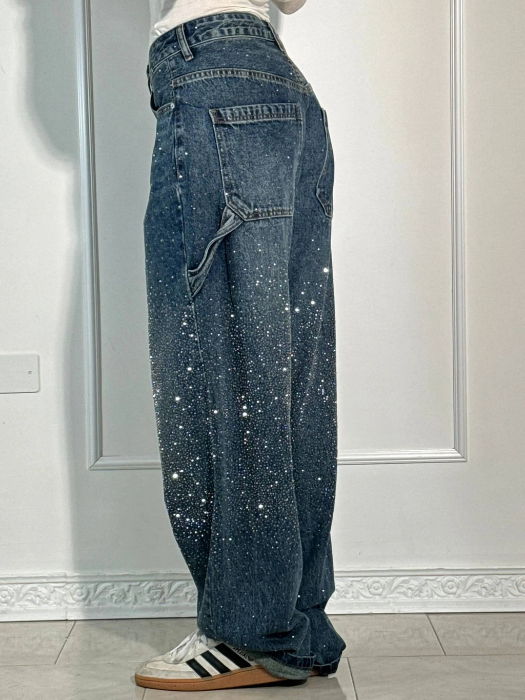 Women's Statement Rhinestone Embellished Wide-Leg Denim Jeans