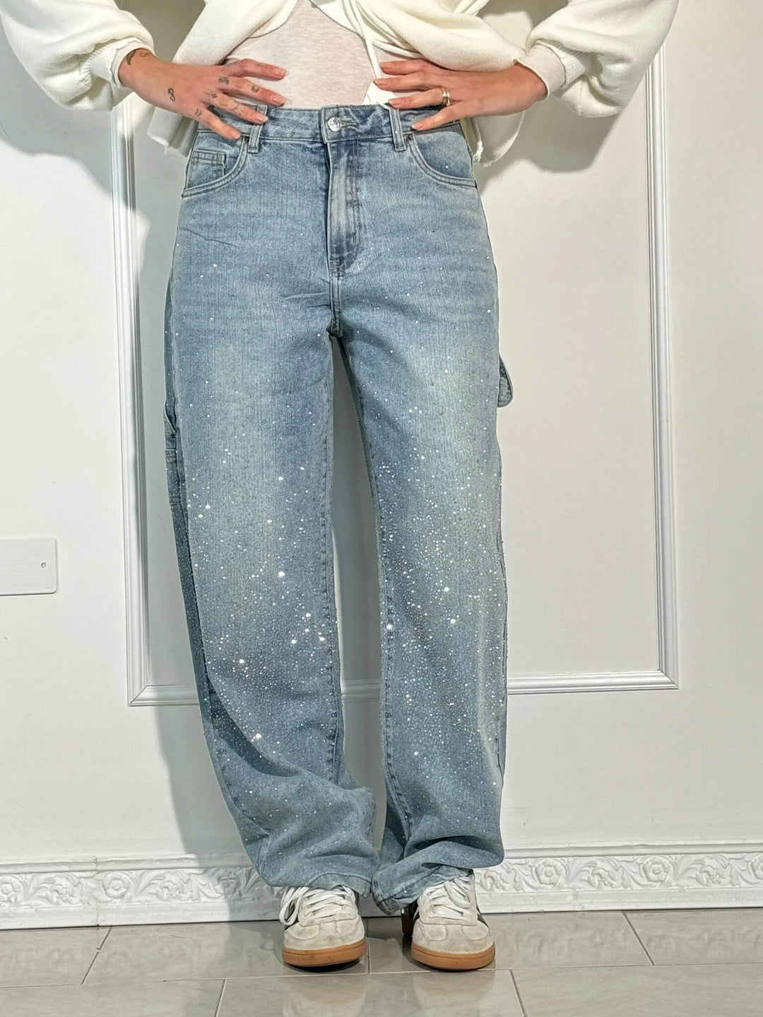 Women's Statement Rhinestone Embellished Wide-Leg Denim Jeans