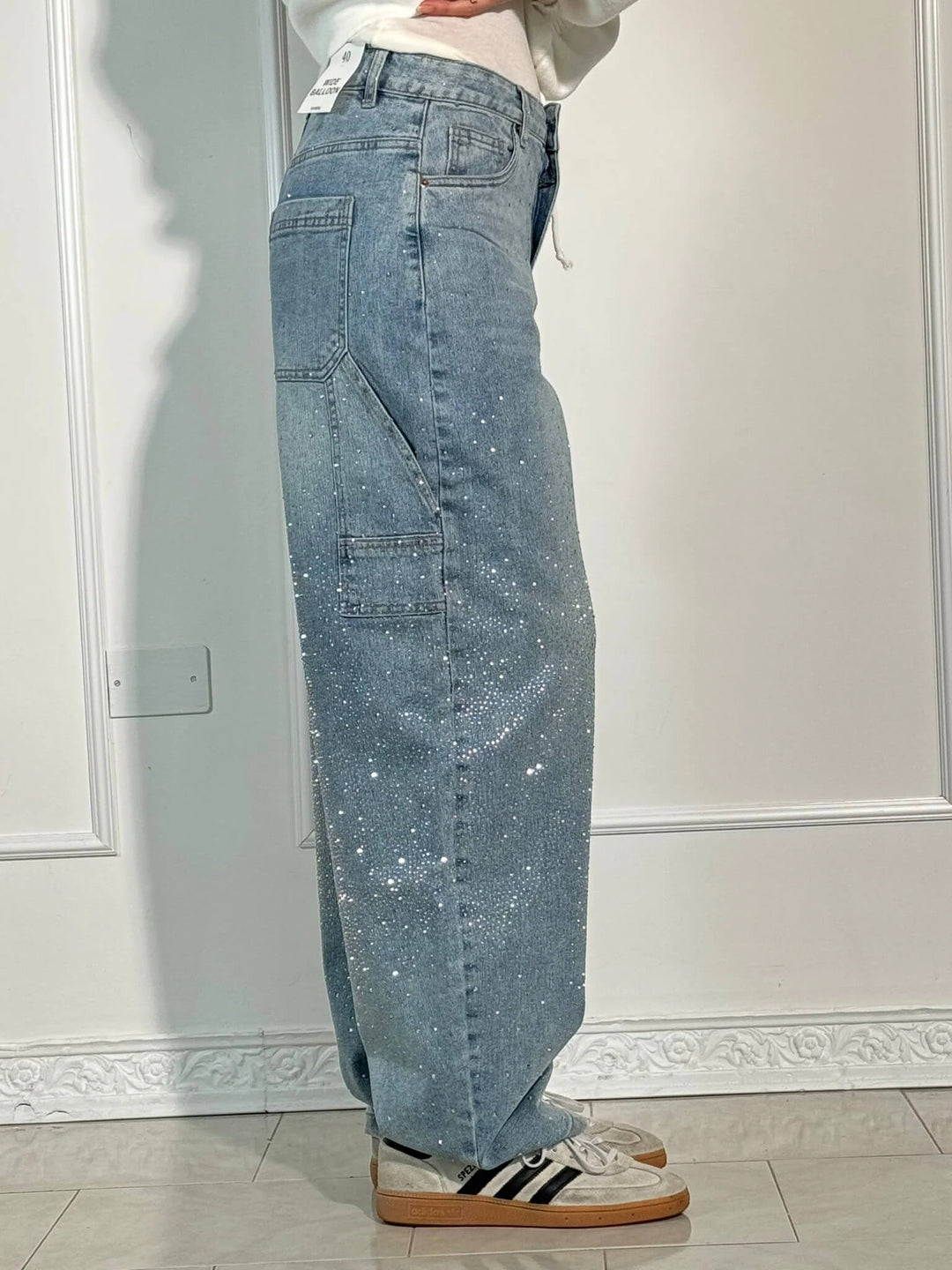 Women's Statement Rhinestone Embellished Wide-Leg Denim Jeans